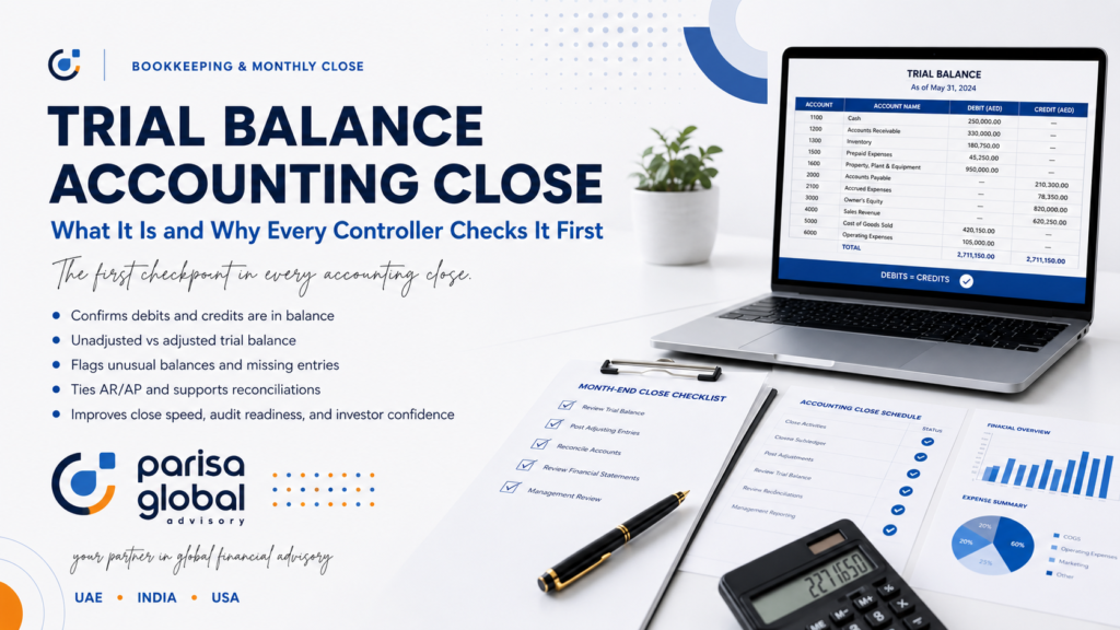 Trial balance spreadsheet on a desk representing the accounting close process for US companies